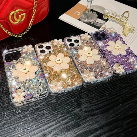 Luxury Full Rhinestone Phone Case With Large Artificial Pearl Flower Decor PC Hard Shell Shiny Elegant Cover For Smartphone