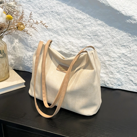 Large Capacity Tote Bag Textured Fabric Contrast Color PU Leather Straps Casual Shoulder Bag For Women Daily Commuting