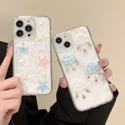 Cute 3D Cloud Raindrop Rhinestone Phone Case For iPhone Pearlescent Soft TPU Star Artificial Pearl Shell Luster Protective Cover
