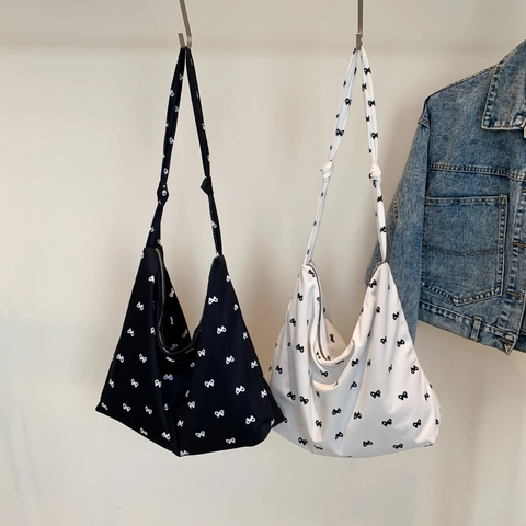 Damen Hobo Bag Mit Schleifendruck Canvas Tote Schultertasche Große Kapazität Faltbare Einkaufstasche Koreanischer Stil