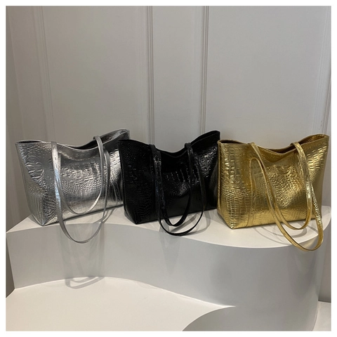 Krokodil Prägung Tote Bag Große Kapazität Metallic PU Leder Schultertasche Für Damen Koreanische Mode Lässig