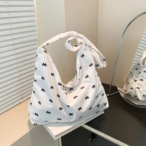 Damen Hobo Bag Mit Schleifendruck Canvas Tote Schultertasche Große Kapazität Faltbare Einkaufstasche Koreanischer Stil
