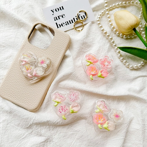 Heart Phone Grip Holder Expanding Stand For Smartphones Transparent Resin 3D Cherry Blossom Glitter Fresh Style