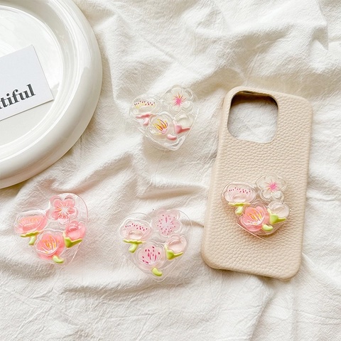 Heart Phone Grip Holder Expanding Stand For Smartphones Transparent Resin 3D Cherry Blossom Glitter Fresh Style