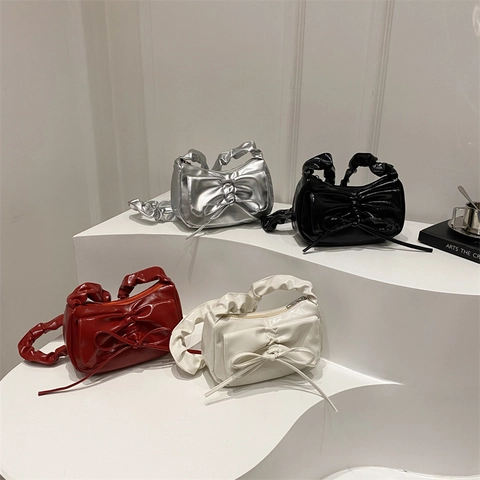Dames Okseltas Strik PU Leer Schoudertas Geplooide Riem Retro Y2K Trendy Niche Design Handtas