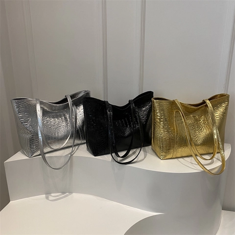 Krokodil Muster PU Leder Tote Bag Große Kapazität Metallic Glänzend Schultertasche Für Frauen Retro Mode Casual Handtasche