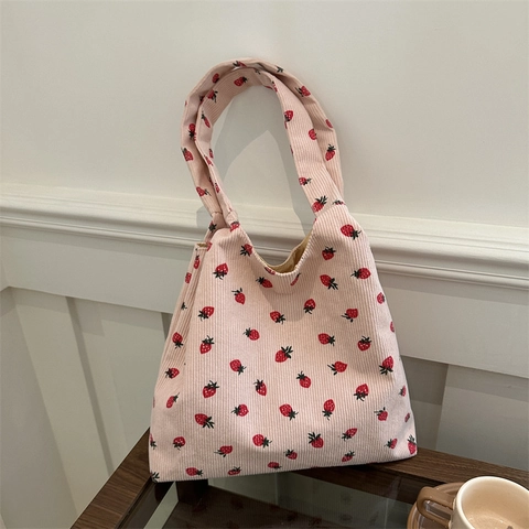 Strawberry Print Corduroy Tote Bag Large Capacity Casual Shoulder Bag For Women Commuting Shopping Daily Use