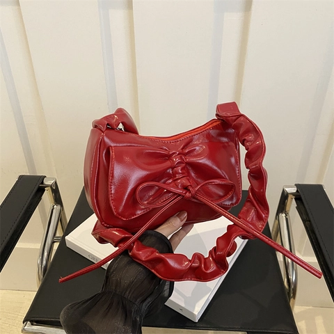 Dames Okseltas Strik PU Leer Schoudertas Geplooide Riem Retro Y2K Trendy Niche Design Handtas