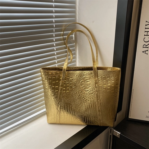 Krokodil Muster PU Leder Tote Bag Große Kapazität Metallic Glänzend Schultertasche Für Frauen Retro Mode Casual Handtasche