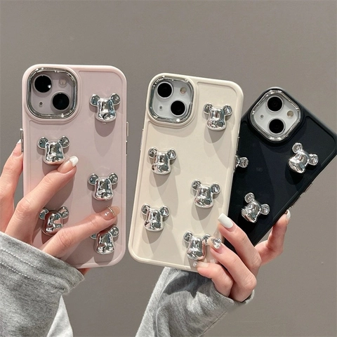 Custodia Per Telefono In Silicone Con Decorazione Testa Di Orso Elettroplaccata 3D Trendy Opaca Antiurto Per iPhone
