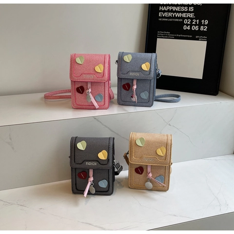 Small Crossbody Bag For Women PU Leather Heart Patch Vertical Square Mobile Phone Bag Romantic Retro Sweet Style