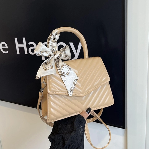 Women Chevron Quilted PU Leather Crossbody Bag With Satin Scarf Handle Elegant Fashion Shoulder Handbag