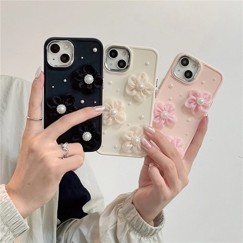 iPhone Case With 3D Fabric Flower And Faux Artificial Pearl Decoration Silicone Soft Cover Elegant Sweet Style For Women