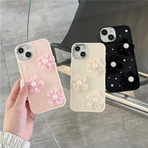 iPhone Case With 3D Fabric Flower And Faux Artificial Pearl Decoration Silicone Soft Cover Elegant Sweet Style For Women