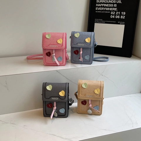 Mini Borsa A Tracolla Per Telefono Donna Pelle PU Texturizzata Decorazione Cuore Patta Quadrata Borsa A Spalla Piccola