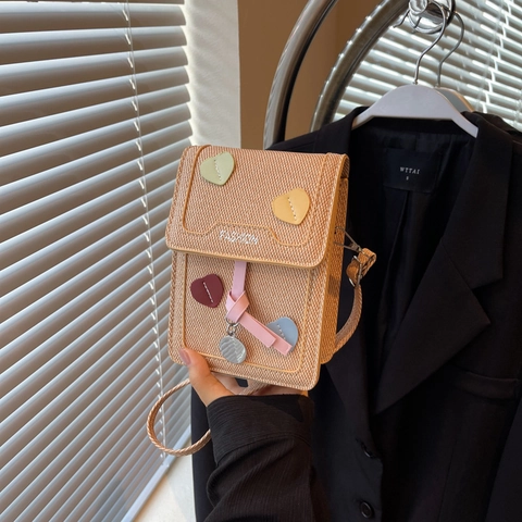 Mini Borsa A Tracolla Per Telefono Donna Pelle PU Texturizzata Decorazione Cuore Patta Quadrata Borsa A Spalla Piccola