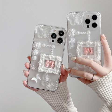 3D Schmetterling Rose Künstliche Perle Rahmen Transparente Handyhülle Stoßfest Glitzer TPU Weiche Hülle Vintage Floral Für Damen