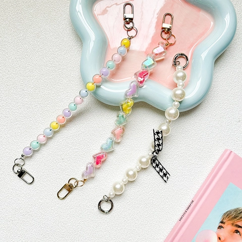Handykette Lanyard Bunte Acrylperlen Herz Künstliche Perlenimitat Hahnentritt Schleife Metallverschluss Anti-Drop Für Damen Mädchen