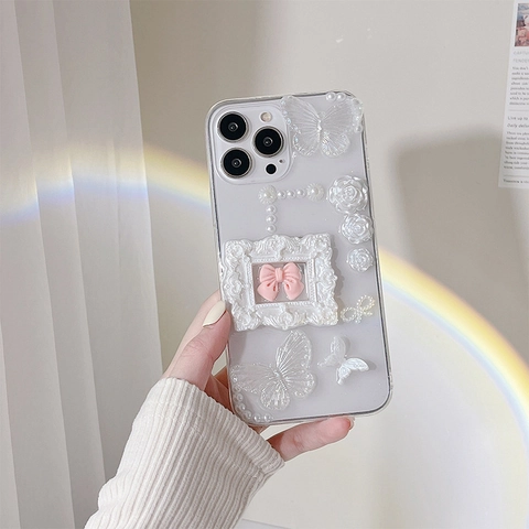 3D Schmetterling Rose Künstliche Perle Rahmen Transparente Handyhülle Stoßfest Glitzer TPU Weiche Hülle Vintage Floral Für Damen