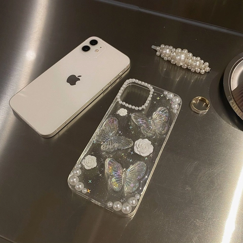 Coque De Téléphone Papillon Künstliche Perle Fleur Luxe Transparente Pailletée PC Housse Élégante Douce Décorative Pour Femmes