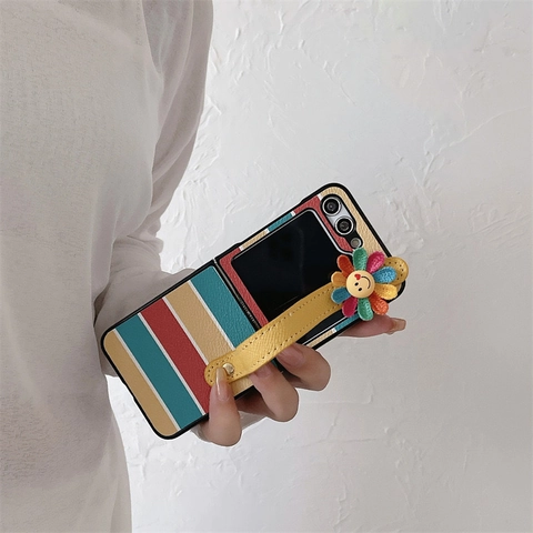 Striped Leather Texture Foldable Phone Case With Wrist Strap Rainbow Smiley Flower Charm Protective Cover Fashion Luxury