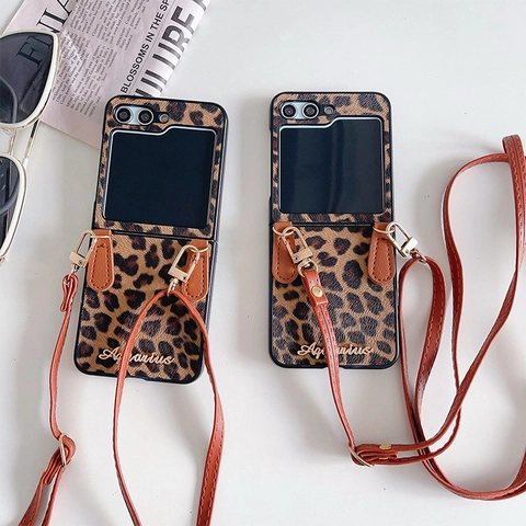 Leopard Print Folding Phone Case With Adjustable Crossbody Shoulder Strap Protective Shockproof Cover Fashion Accessory