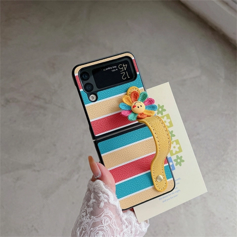 Striped Leather Texture Foldable Phone Case With Wrist Strap Rainbow Smiley Flower Charm Protective Cover Fashion Luxury
