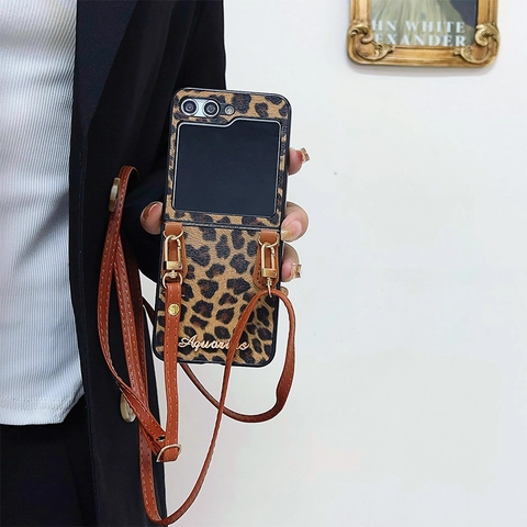 Leopard Print Folding Phone Case With Adjustable Crossbody Shoulder Strap Protective Shockproof Cover Fashion Accessory