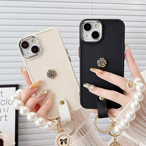 Luxury iPhone Case TPU Silicone Protective Cover With Imitation Artificial Pearl Wrist Strap Hand Chain Floral Camellia Ornament