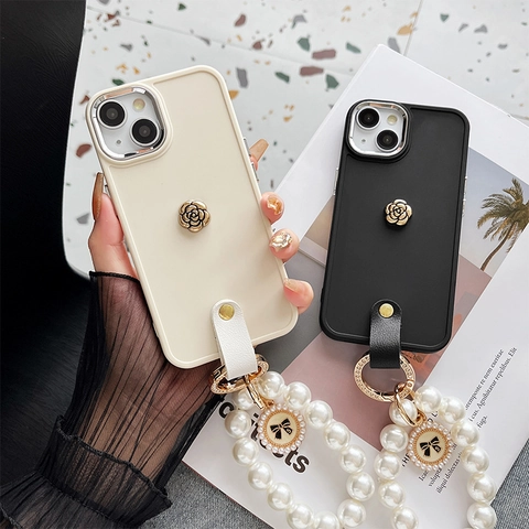 Luxury iPhone Case TPU Silicone Protective Cover With Imitation Artificial Pearl Wrist Strap Hand Chain Floral Camellia Ornament