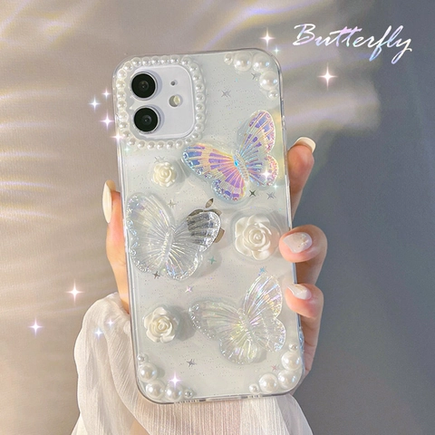 Coque De Téléphone Papillon Künstliche Perle Fleur Luxe Transparente Pailletée PC Housse Élégante Douce Décorative Pour Femmes