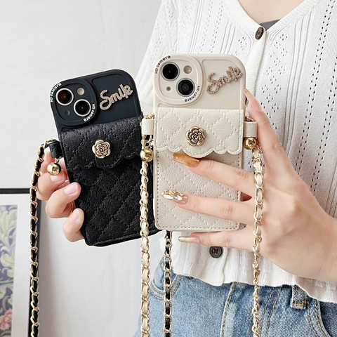 Funda Cartera Para Teléfono Cruzada Con Correa De Cadena Desmontable Cuero Acolchado Flor De Camelia Bolsillo Para Tarjetas Letras Smile