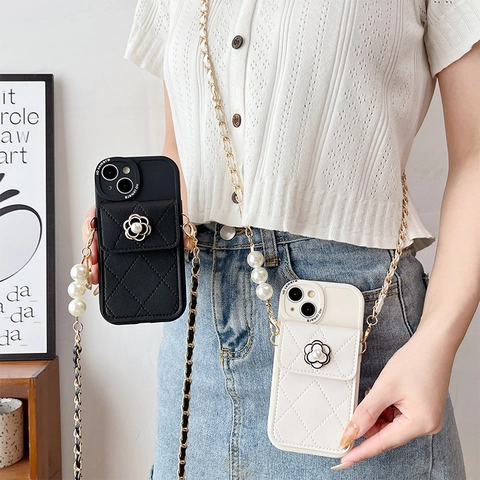 Coque De Téléphone En Cuir Matelassé Portefeuille Porte-Carte Camélia Chaîne Künstliche Perle