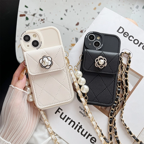 Coque De Téléphone En Cuir Matelassé Portefeuille Porte-Carte Camélia Chaîne Künstliche Perle