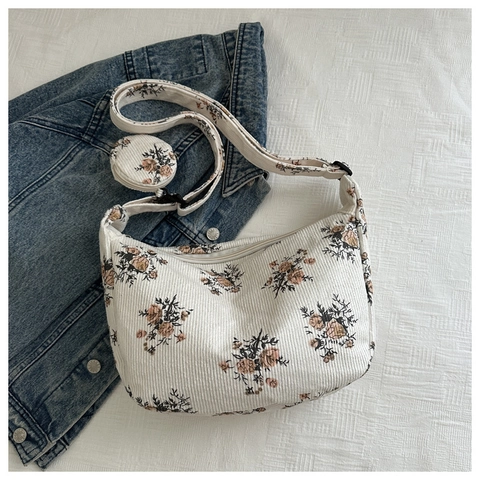 Sac Hobo en Velours Côtelé Floral Vintage pour Femme Sac à Bandoulière Grande Capacité Avec Petit Porte-monnaie Assorti