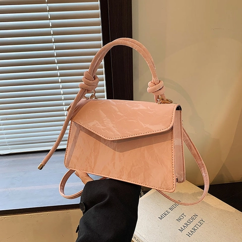 Women Fashion Handbag Wrinkled Texture Knotted Top Grip Small Square Crossbody Shoulder Bag Streetwear Style