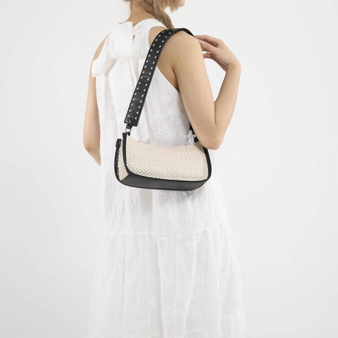 Woven PU Leather Underarm Bag With Wide Rivet Studded Shoulder Strap Chic Summer Beach Style Baguette Bag For Women