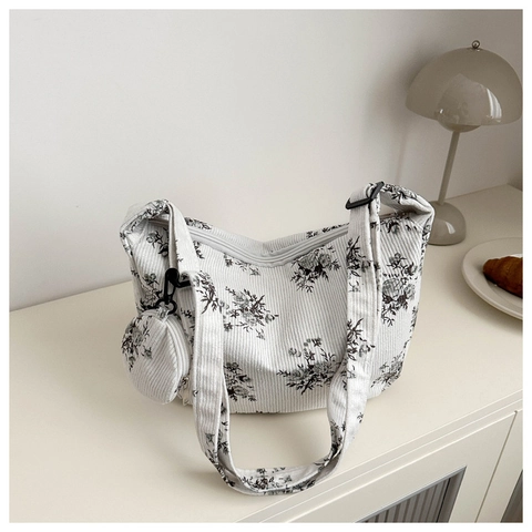 Sac à Épaule en Velours Côtelé Floral pour Femmes Ensemble Avec Petite Pochette Ronde Sangle Réglable Sac Hobo Croissant