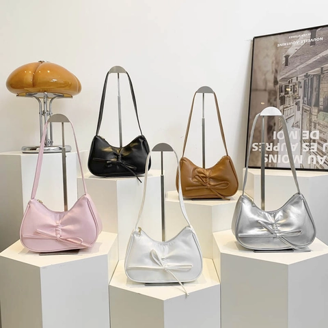Ruched Pleated Bow Shoulder Bag Crescent PU Leather Underarm Purse Chic Balletcore Style For Women