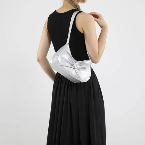 Ruched Pleated Bow Shoulder Bag Crescent PU Leather Underarm Purse Chic Balletcore Style For Women