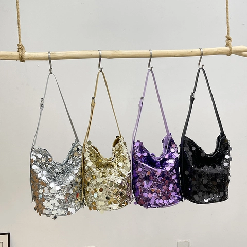 Fashion Women Sequin Bucket Bag Shiny Shoulder Crossbody Bag With Adjustable Strap Trendy Party Evening Handbag