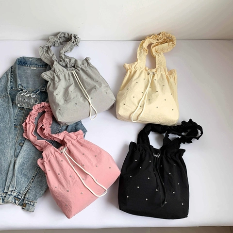 Bolso De Mano Tipo Tote Para Mujer Estilo Coreano Cordón Correa Con Volantes Cubo Con Pedrería Bolso Informal Dulce