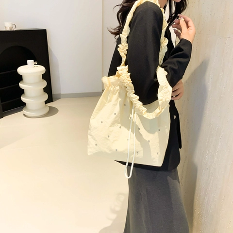 Bolso De Mano Tipo Tote Para Mujer Estilo Coreano Cordón Correa Con Volantes Cubo Con Pedrería Bolso Informal Dulce