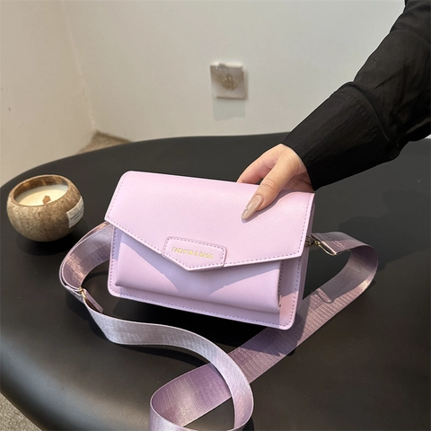 Women PU Leather Crossbody Bag Small Square Shoulder Handbag With Adjustable Wide Fabric Strap Envelope Flap Fashion