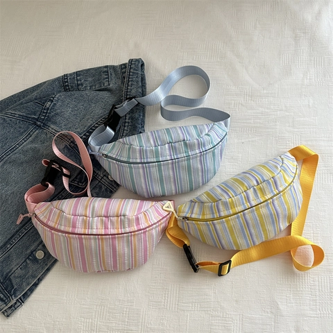 Women Vertical Lines Fabric Waist Bag Colorful Pattern Chest Bag Summer Casual Crossbody Fanny Pack With Adjustable Strap