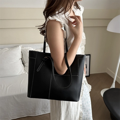 Borsa Tote Grande Da Donna Con Cuciture A Contrasto Pelle PU Borsa A Spalla Minimalista Retrò Con Tracolla Regolabile