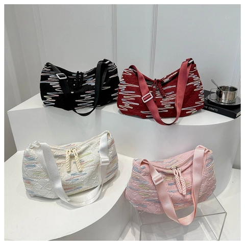 Bolso Tote Grande de Lona para Mujer Acolchado con Bordado de Ondas Bolso de Hombro Suave Casual Bandolera Moda Callejera
