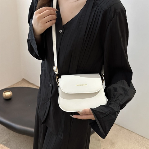 Women Minimalist Crossbody Bag PU Leather Small Saddle Shoulder Bag Magnetic Buckle Golden Hardware Adjustable Strap