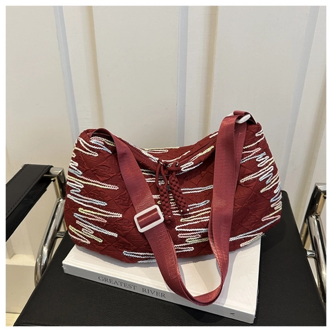 Bolso Tote Grande de Lona para Mujer Acolchado con Bordado de Ondas Bolso de Hombro Suave Casual Bandolera Moda Callejera
