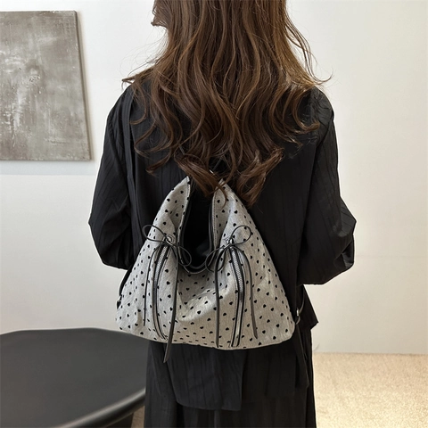 Grote Capaciteit Tote Schoudertas Canvas Stof PU Leer Hart Stip Print Dubbele Rits Strik Decor Casual Vrouwen